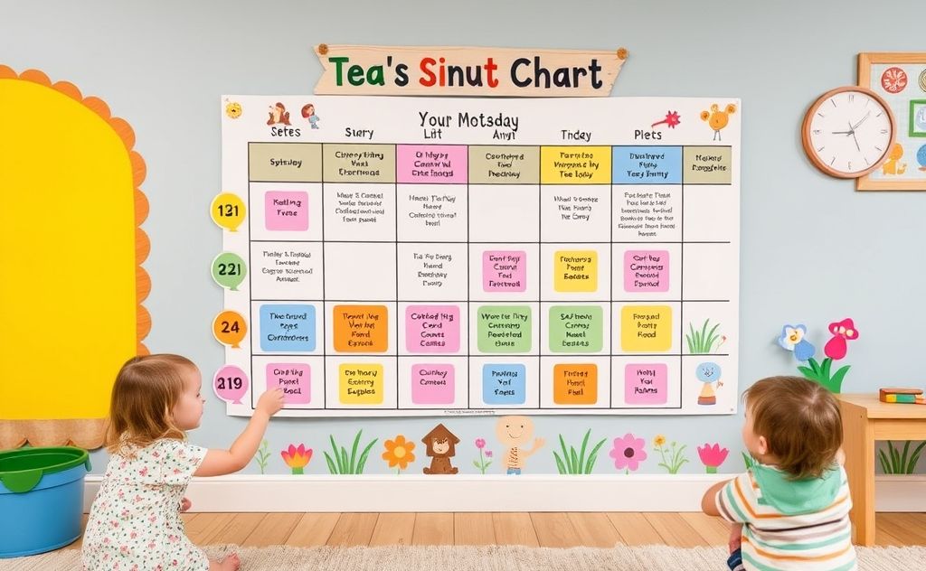 A colorful visual schedule chart for children in a playful setting