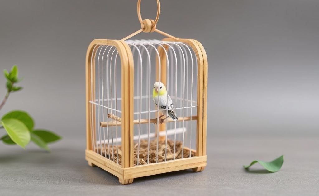A compact DIY travel bird cage with natural materials and design.