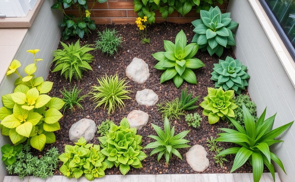 A compact garden layout featuring various plants in limited space.