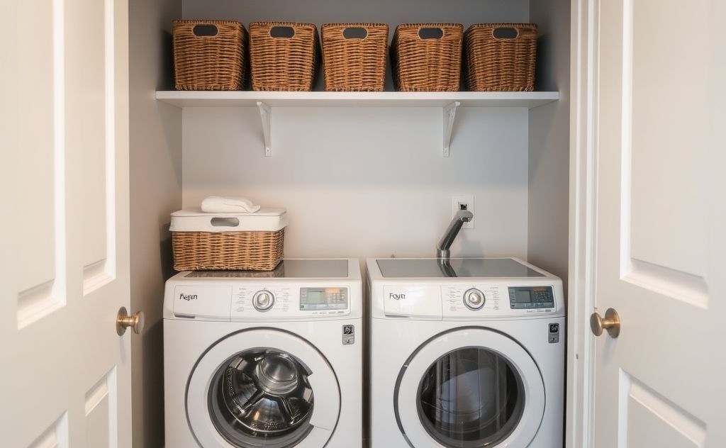 A compact laundry area with neatly arranged baskets and shelves.