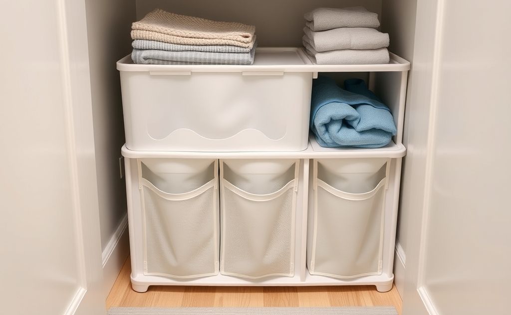 A compact laundry organizer with foldable compartments in a small space.