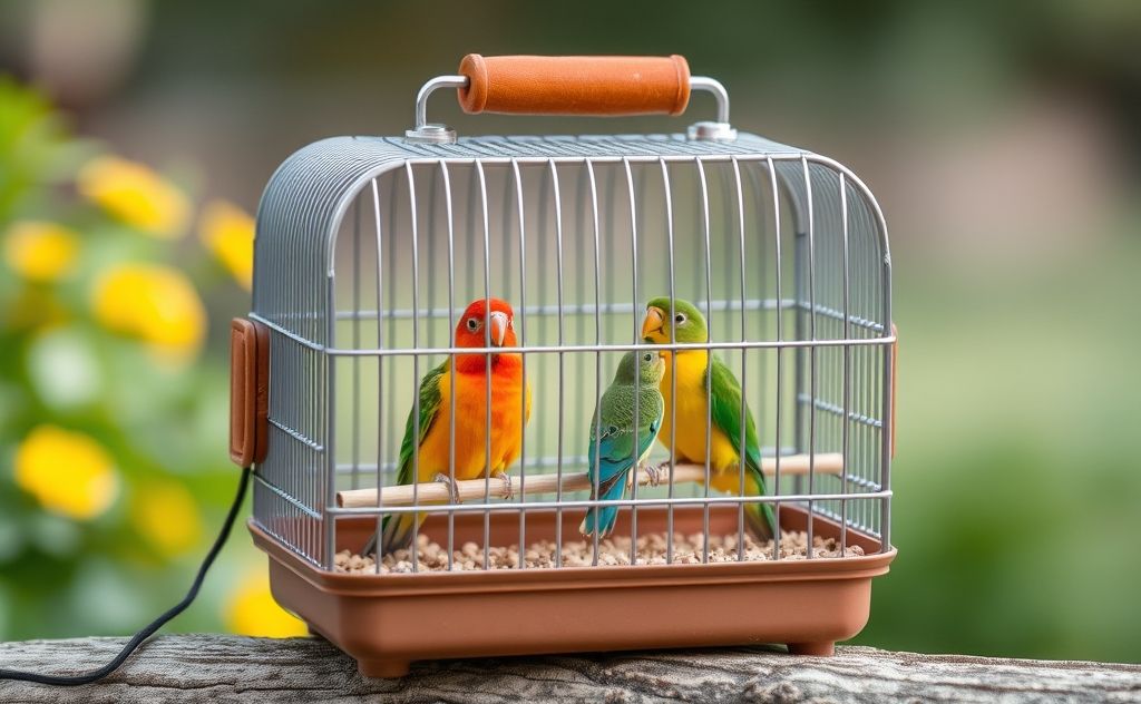 A compact travel-sized bird cage with colorful birds inside.