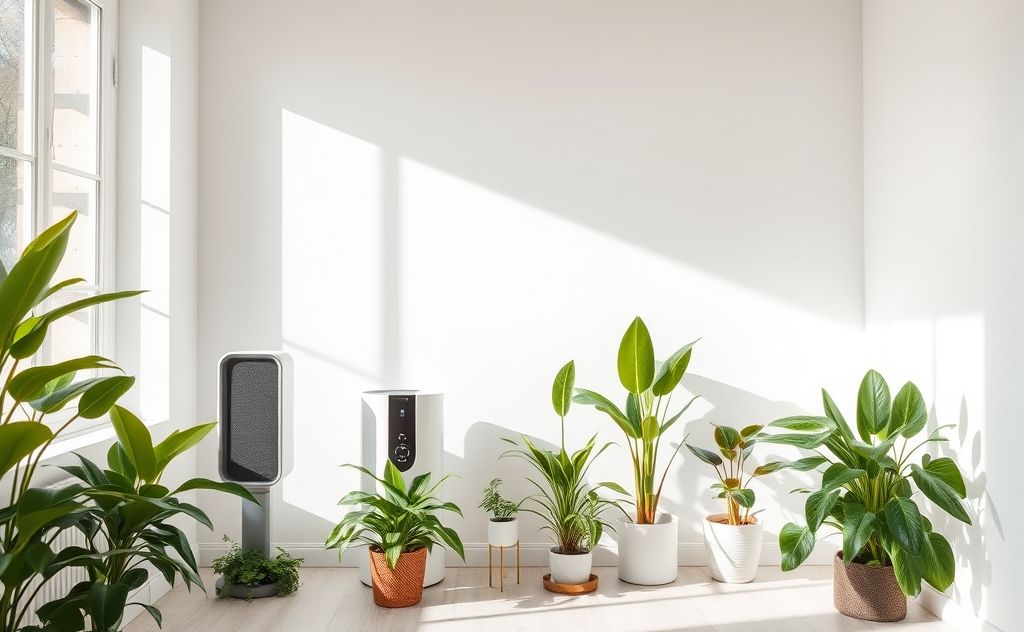 A comparison of air purifiers and houseplants in a bright room.