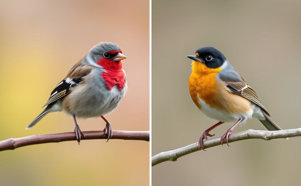 A comparison of finches and robins perched on branches.