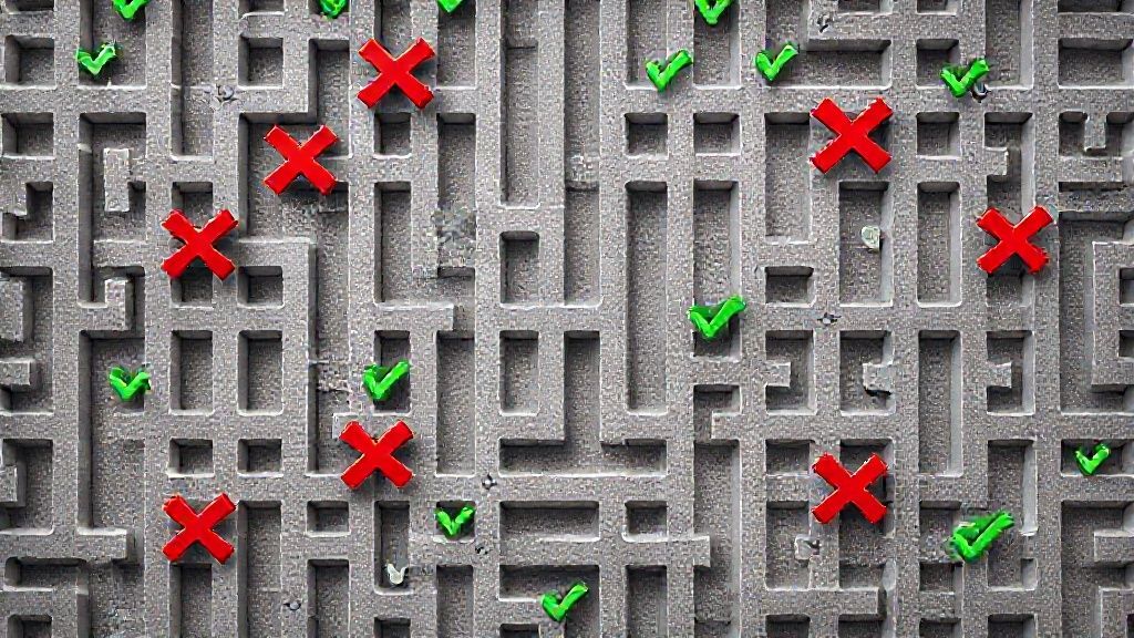 一个复杂的迷宫，带有红色叉号和绿色对勾，象征海外银行开户的常见陷阱和成功路径