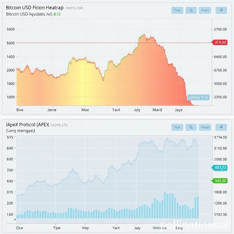 Bitcoin USD liquidation heatmap showing market sentiment alongside an ApeX Protocol (APEX) price surge chart from Coingecko.