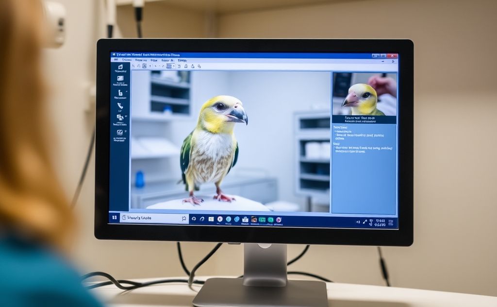 A computer screen displaying a bird during a veterinary consultation.