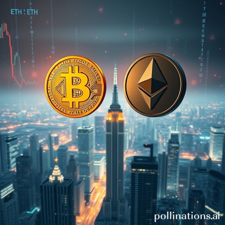 Ilustrasi digital simbol Bitcoin dan Ethereum yang stabil di tengah grafik pasar kripto bergejolak, menyoroti pengaruh investasi institusional.