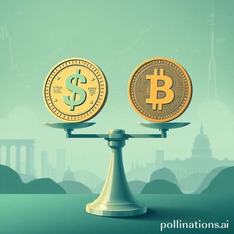 A dollar coin and a digital coin balanced on scales, illustrating stablecoin stability, risks, and crypto regulation.