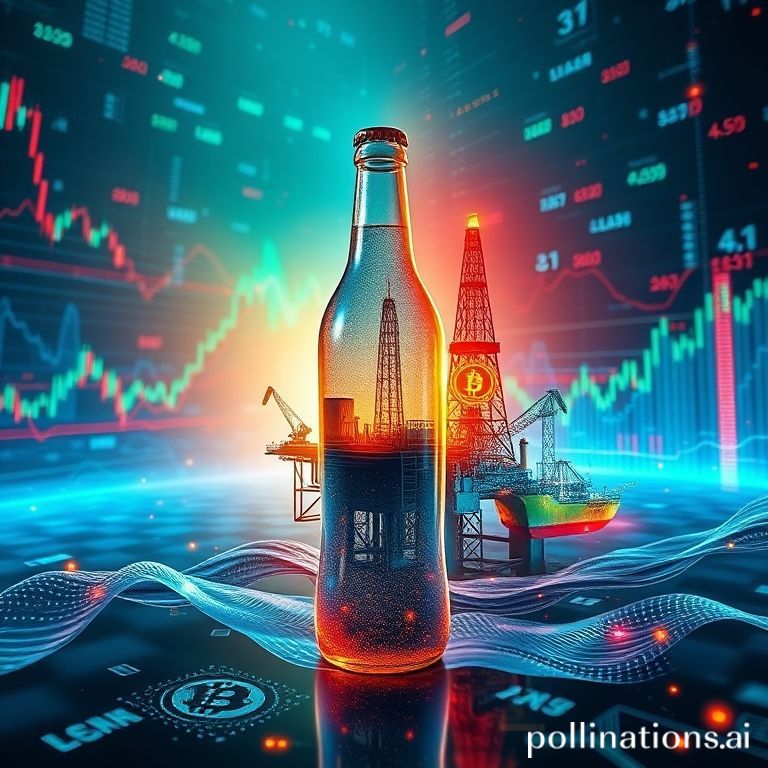 Conceptual image of a beverage bottle transitioning into an oil rig and bitcoin mining, symbolizing a company's dramatic industry shift.