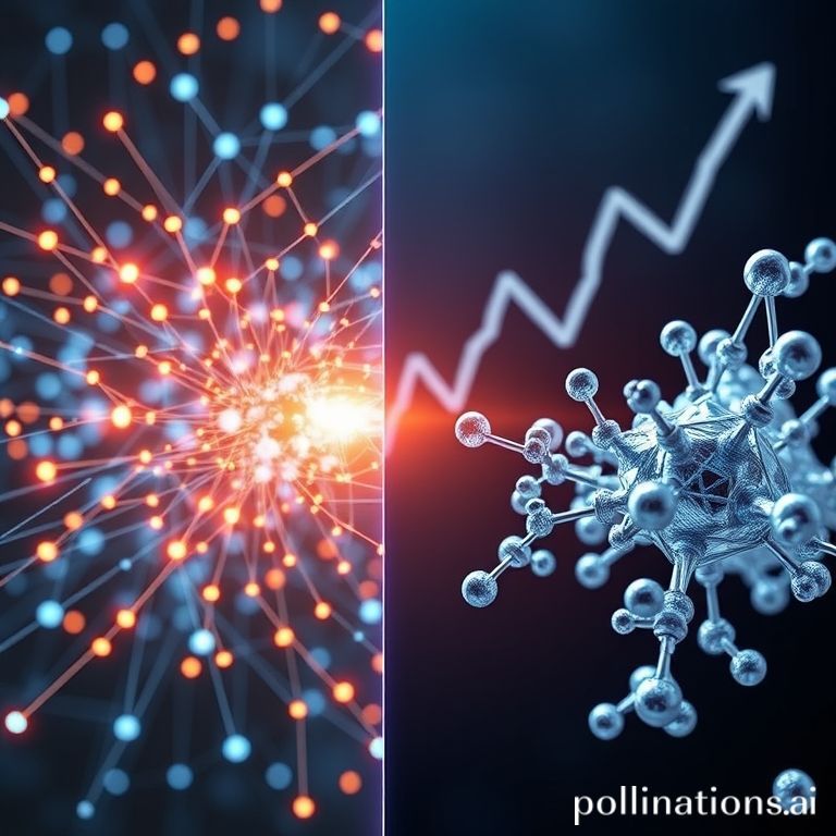 Conceptual image of quantum computing facilitating drug discovery, with complex molecular structures and an upward trending stock market graph.