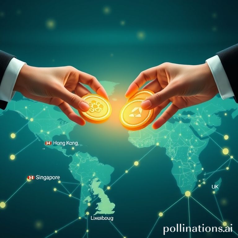 Visual representation of secure cross-border digital token transfers between HSBC and Ant International, connecting major financial hubs.