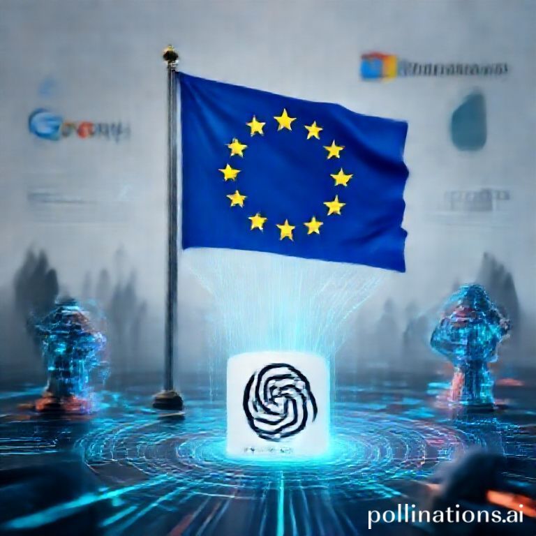 OpenAI's logo, an EU flag, and digital market symbols, illustrating AI competition and regulatory efforts.