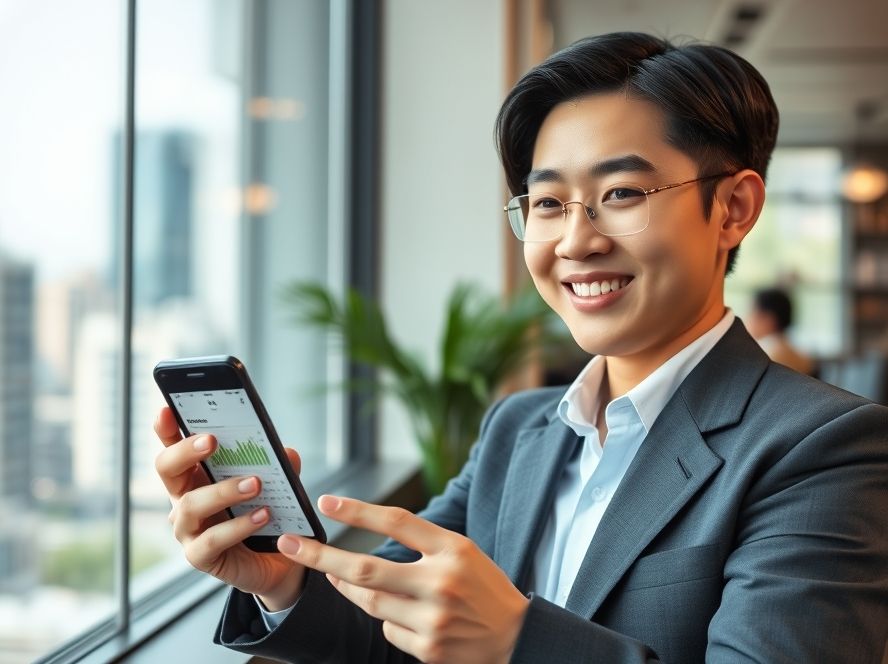 상테크 지식을 통해 재정적 성공을 이루고 만족감을 느끼는 모습