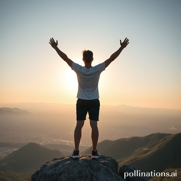 A confident person standing at sunrise on a mountain peak, arms outstretched in victory, wearing simple sportswear. The scene exudes motivation and a fresh start, with a city visible in the distance below.