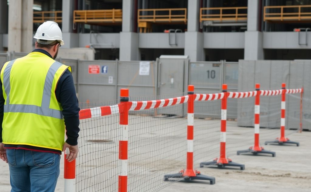 A construction site with safety barriers and protective gear in use.