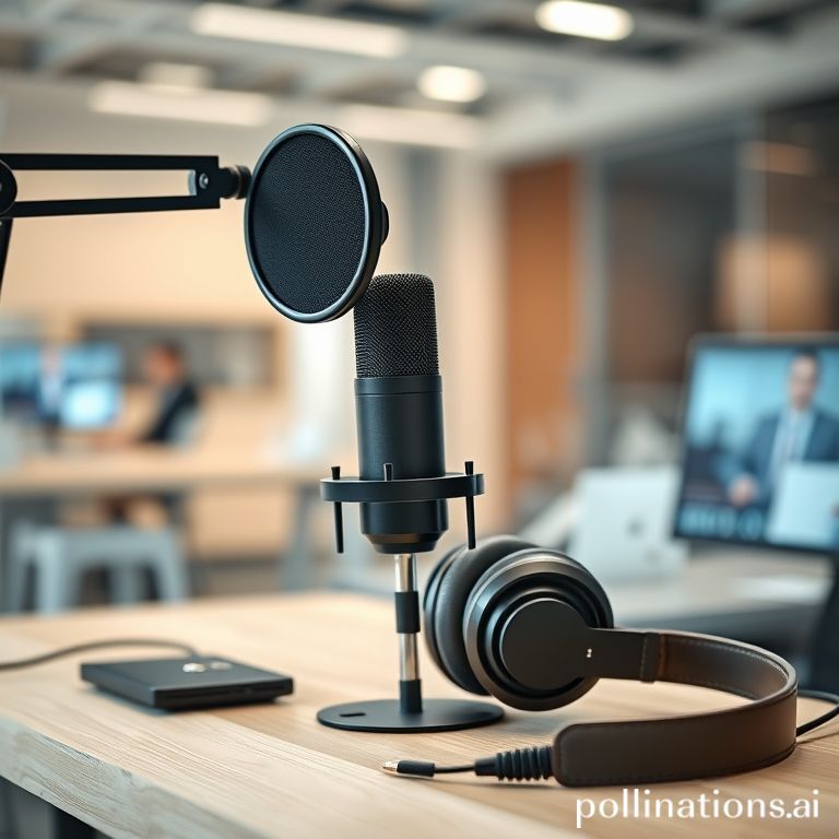 Podcast setup with high-quality microphone and headphones, symbolizing insightful discussions on digital finance, AI, and global payments.