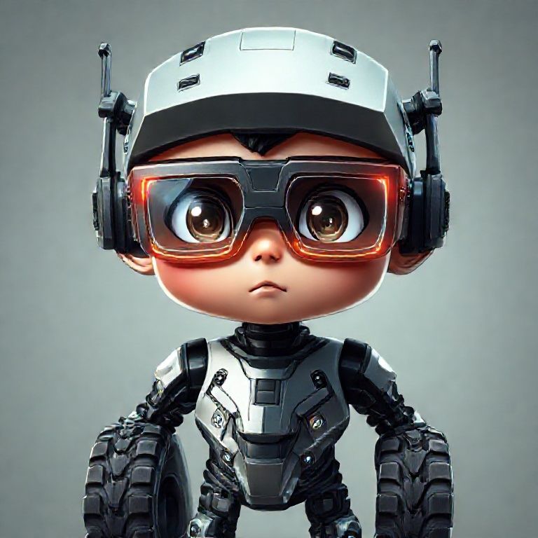 一位酷酷的男孩，眼睛很大戴着大大的眼镜。一左一右额头上有2个车把手，脚是轮胎样式的。脸是方的像一张显示屏，整体风格比较机械科幻