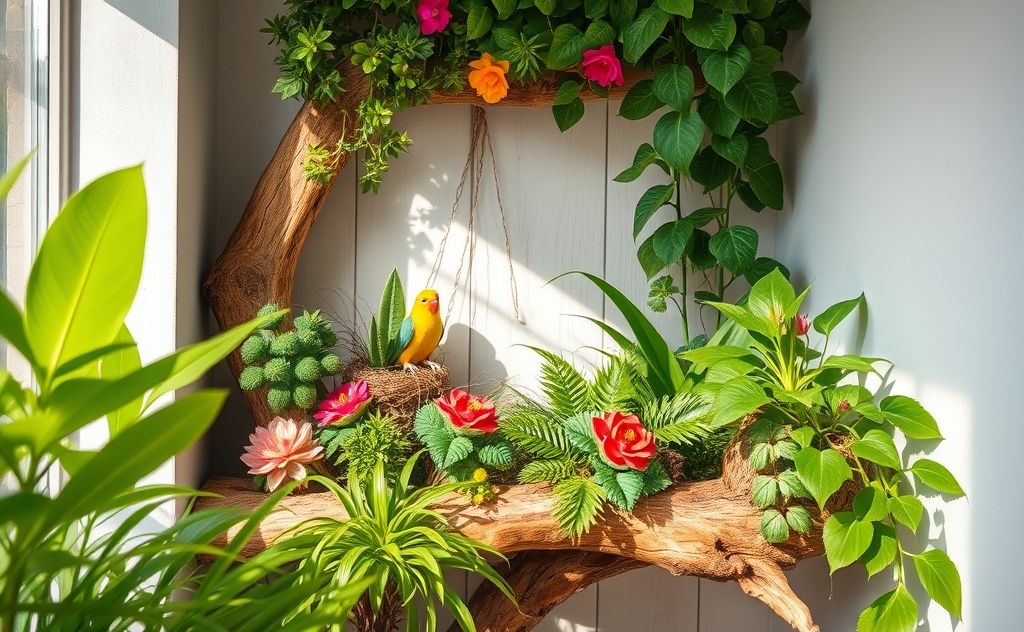 A corner platform for birds with natural wood and vibrant plants.