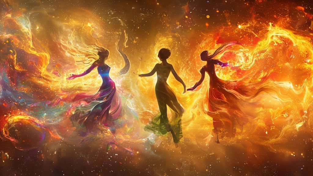A cosmic dance: four ethereal figures, representing fire, earth, air, and water, swirl in vibrant hues. Golden light bathes the scene, illuminating their elemental essence.