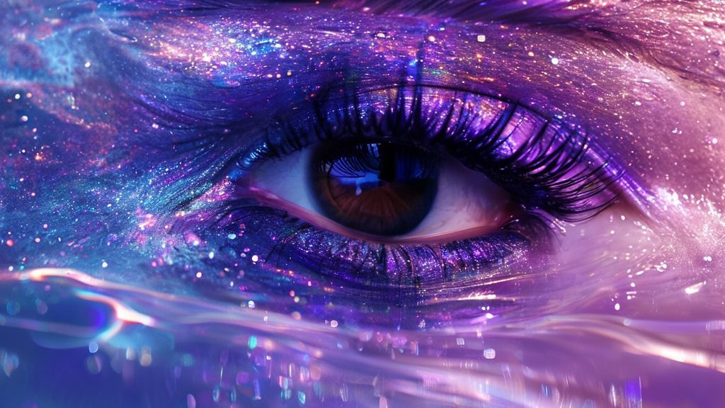A cosmic eye reflected in a pool of iridescent eyeshadow. Swirling nebula colors: purples, blues, and silvers. Light shimmers, reflecting the themes of introspection and renewal.