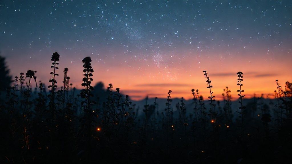 A cosmic garden at twilight. Silhouetted herbs glow with inner light, reflecting starlight. Warm, amber hues blend with cool blues, creating a mystical, ethereal ambiance.