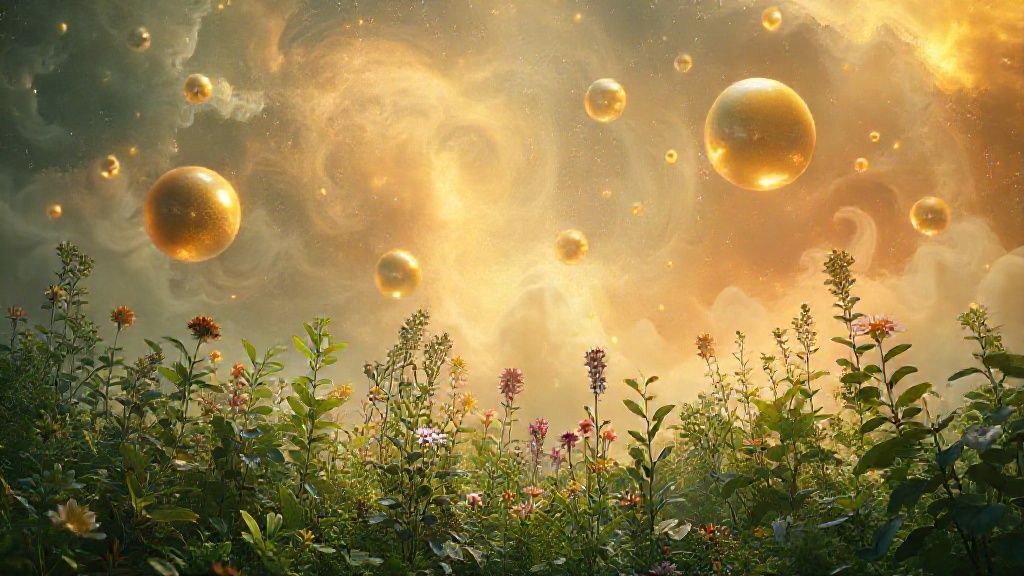 A cosmic garden blooms in ethereal light. Golden orbs representing opportunities float amidst swirling nebulas, gently illuminating diverse, flourishing plants symbolizing growth and well-being. Cinematic, 4k.