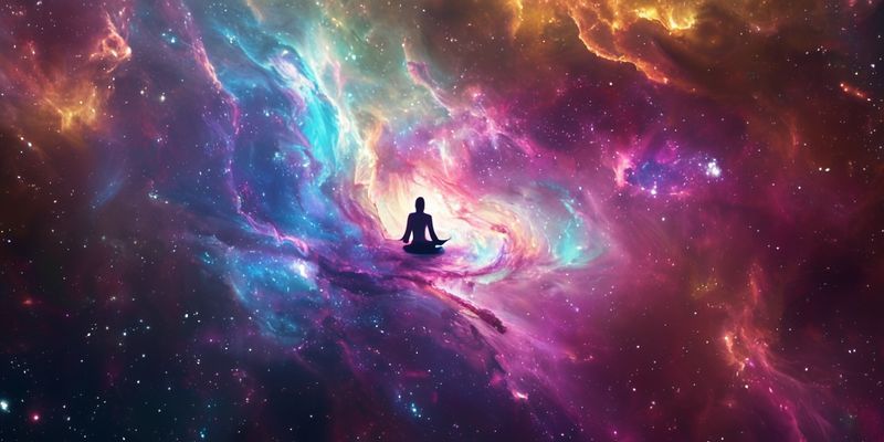 A cosmic nebula swirling with vibrant colors, with a faint silhouette of a meditating figure at its center.