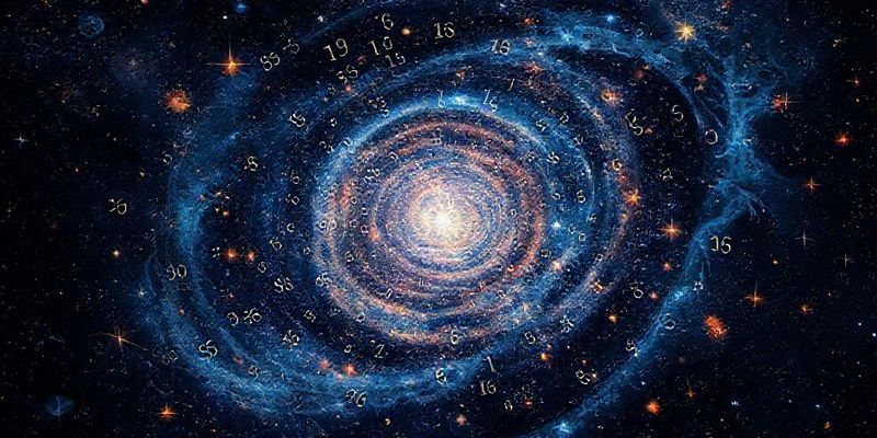 A cosmic swirl of numbers and stars, representing the vastness of the universe and numerology