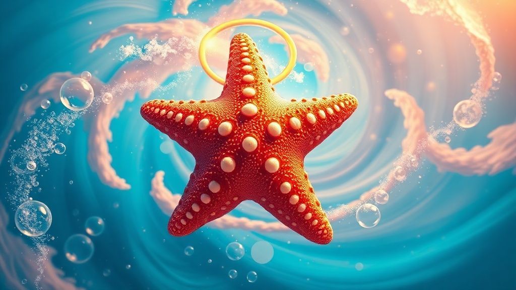 A cosmic swirl of vibrant coral and azure. Patrick Star, radiating joyful energy, floats amidst shimmering bubbles, a halo of golden light surrounding his starfish form. Ethereal, dreamlike, 4k.