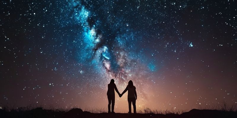 İki kişinin el ele tutuştuğu ve yıldızlarla dolu bir gece gökyüzü manzarası.