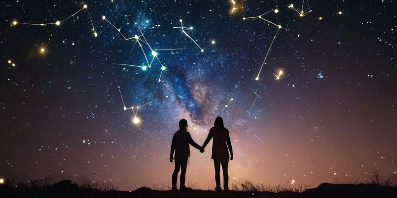 A couple holding hands under a starry sky.