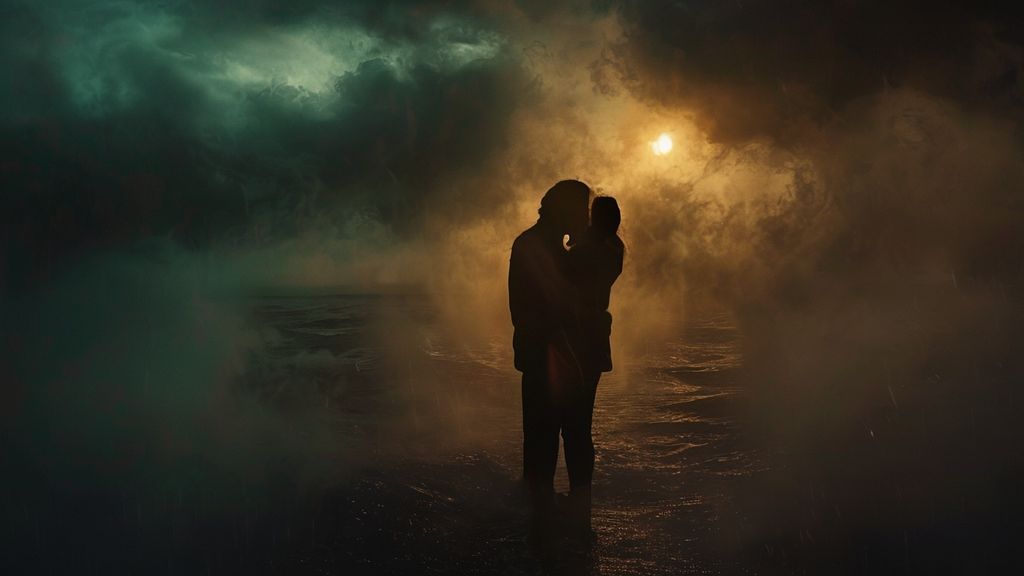 A couple, silhouetted against a stormy sea, embracing under a single, warm light, surrounded by swirling mist. Mystic, ethereal, 4k, cinematic lighting.