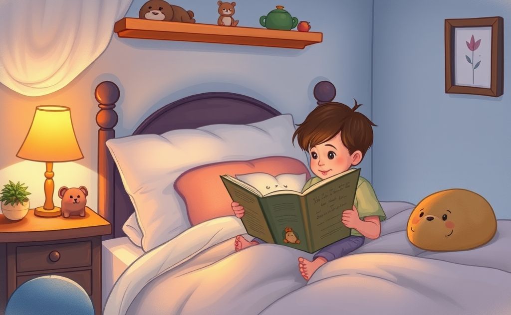 A cozy bedroom scene with a child reading a bedtime story.