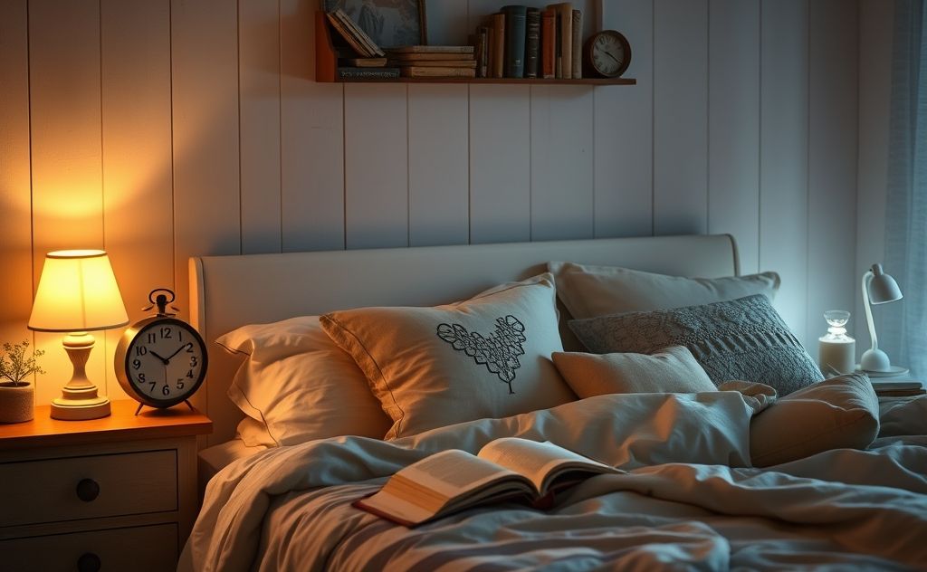 A cozy bedroom with a clock, books, and calming night lights.