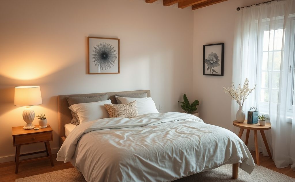 A cozy bedroom with soft lighting and calming decor for relaxation.