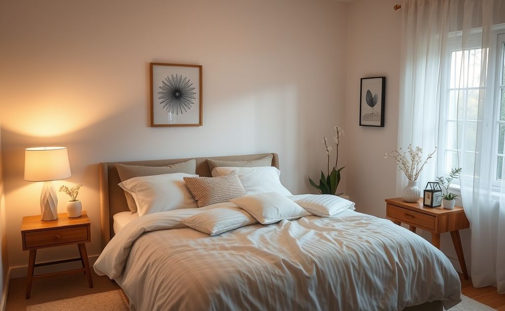 A cozy bedroom with soft lighting and calming decor for sleep.