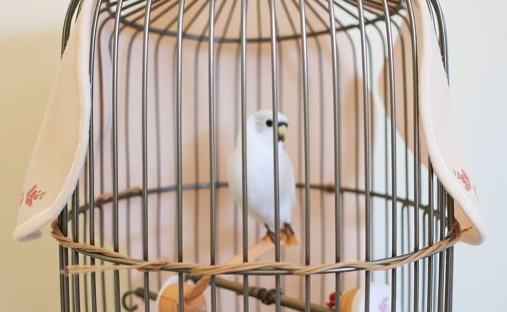 A cozy bird cage covered with a soft, decorative fabric.