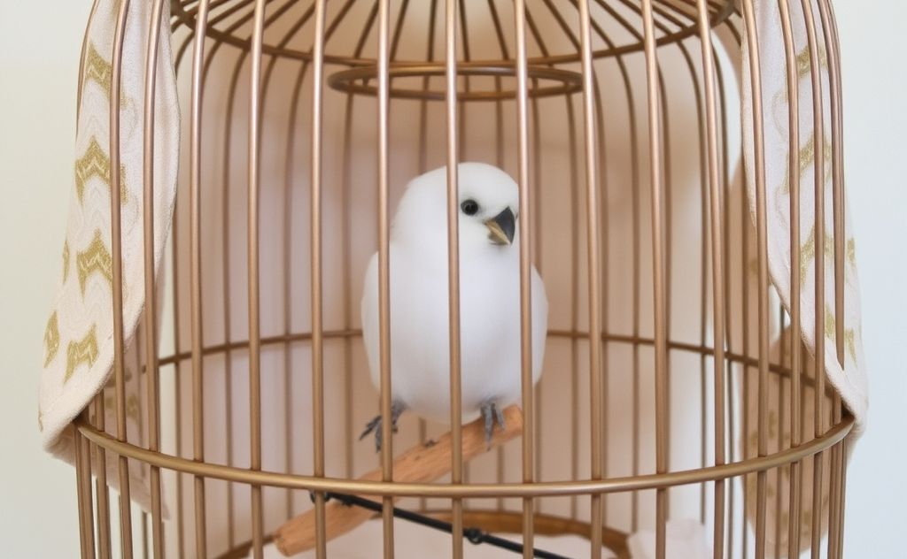 A cozy bird cage covered with a soft, patterned fabric.