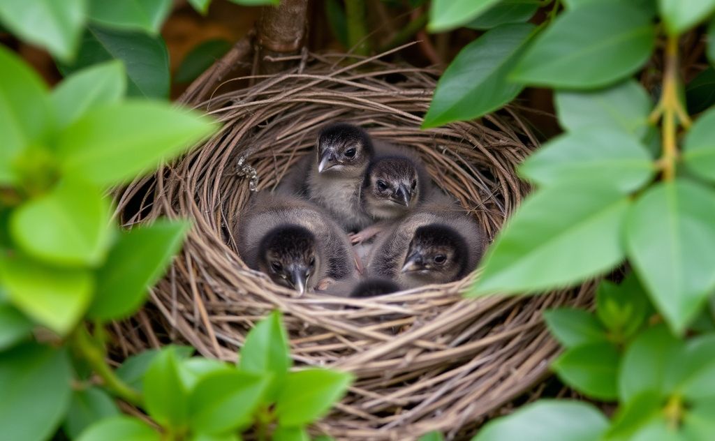 A cozy bird nest with baby birds surrounded by protective foliage.