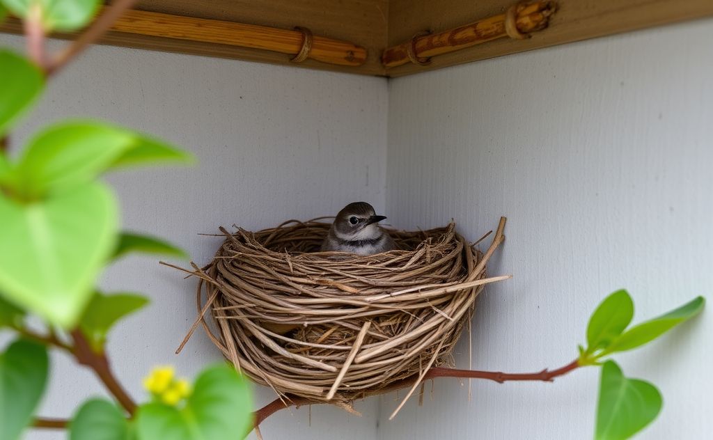 A cozy bird's nest nestled in a carport corner.