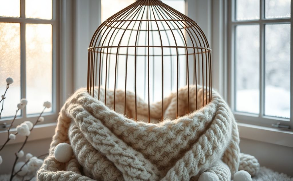 A cozy birdcage covered with a warm, winter blanket.