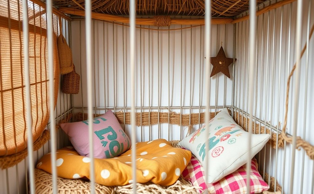 A cozy birdcage lined with soft natural materials and colorful bedding.