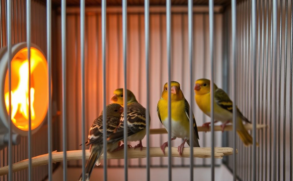 A cozy birdcage with finches near a safe heating source.