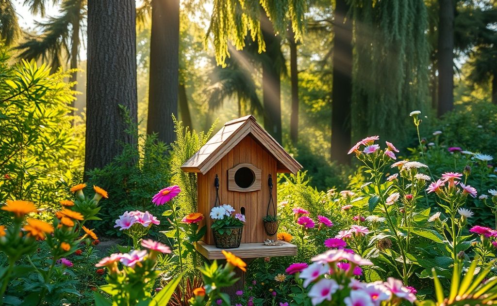 A cozy birdhouse nestled in a lush garden setting.