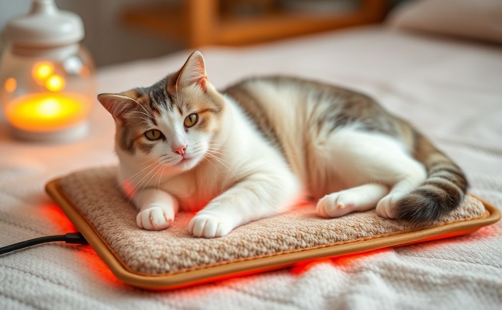 A cozy cat heating pad set to a comfortable warm temperature.