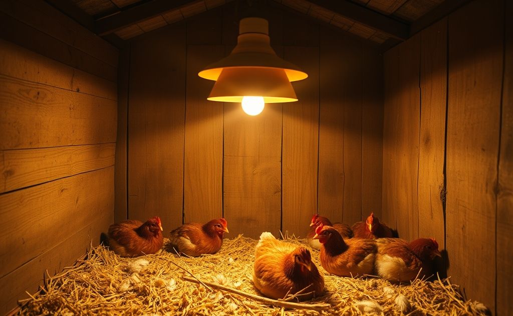 A cozy chicken coop with a heat lamp glowing warmly inside.