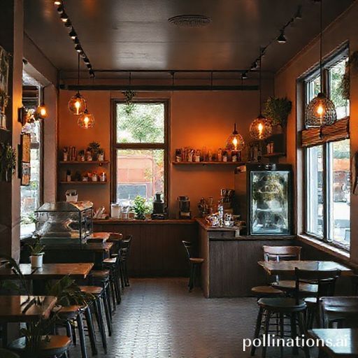 A cozy coffee shop interior with warm lighting