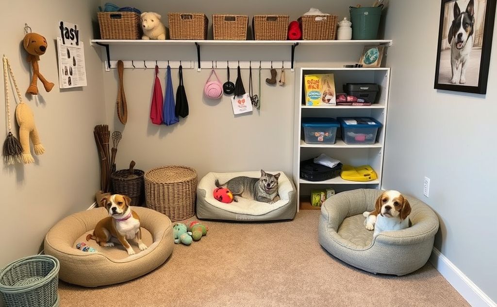 A cozy corner with pet beds, toys, and organized supplies.