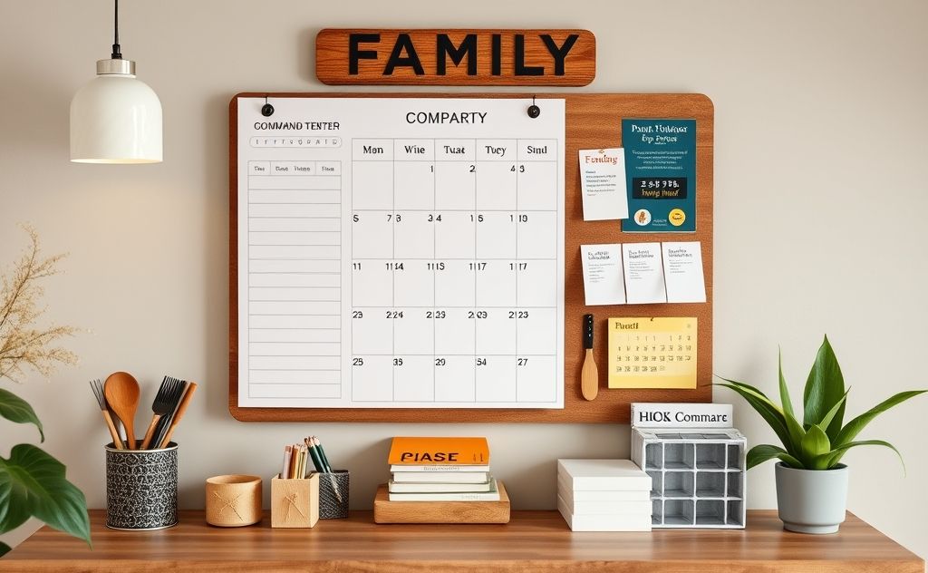 A cozy family command center with a calendar and organization tools.